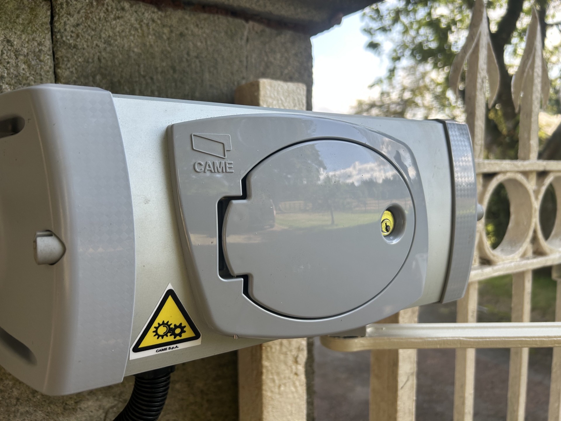 Close-up of a CAME gate motor on an automated estate gate serviced by KLR Design Limited