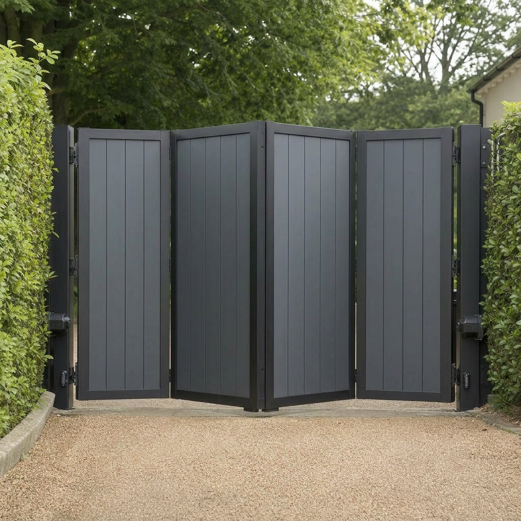 Solid composite electric bi-folding gate with leaves folded at central hinges — KLR Design Limited