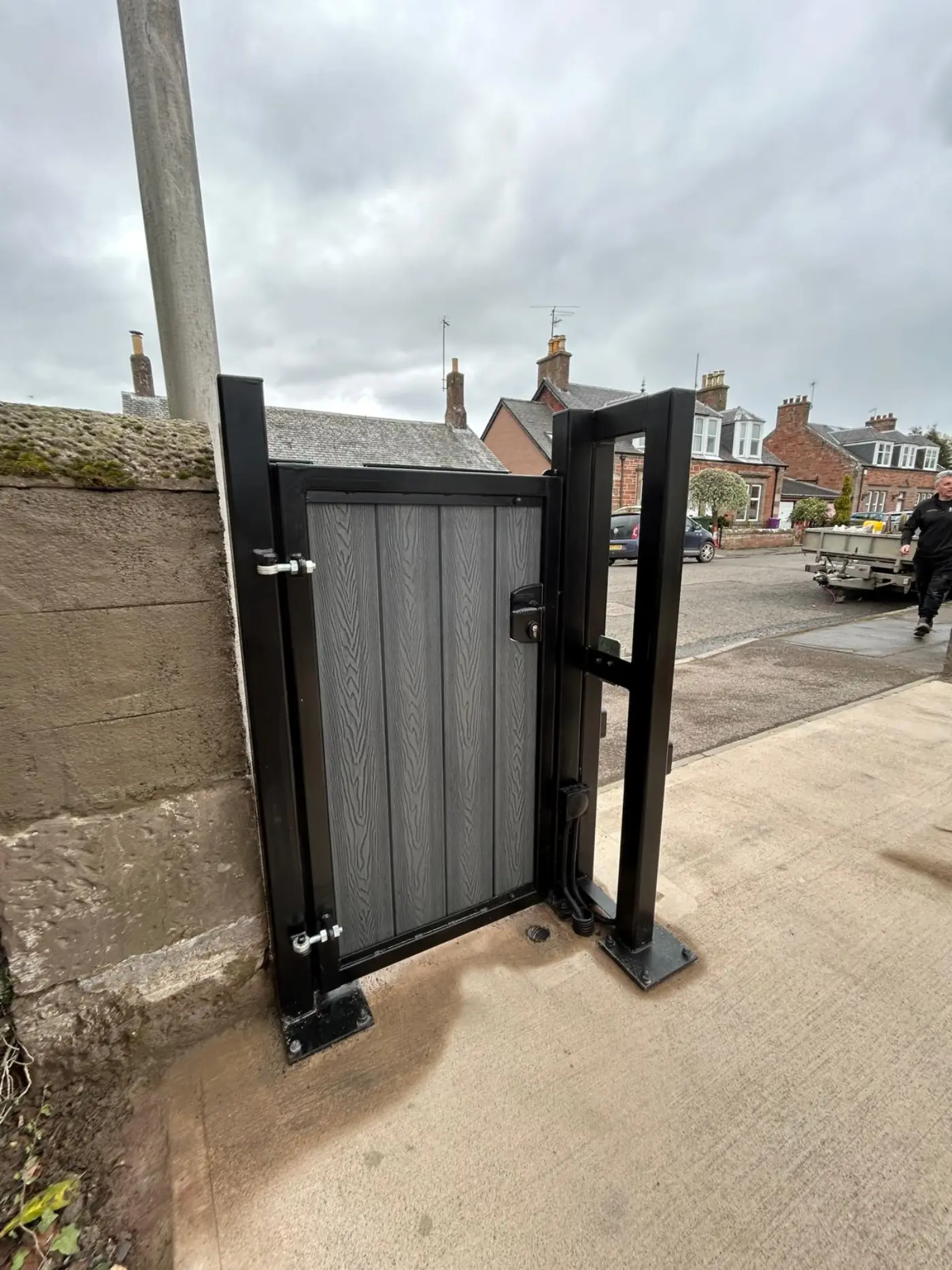Cantilever sliding gate safety support posts installed by KLR Design