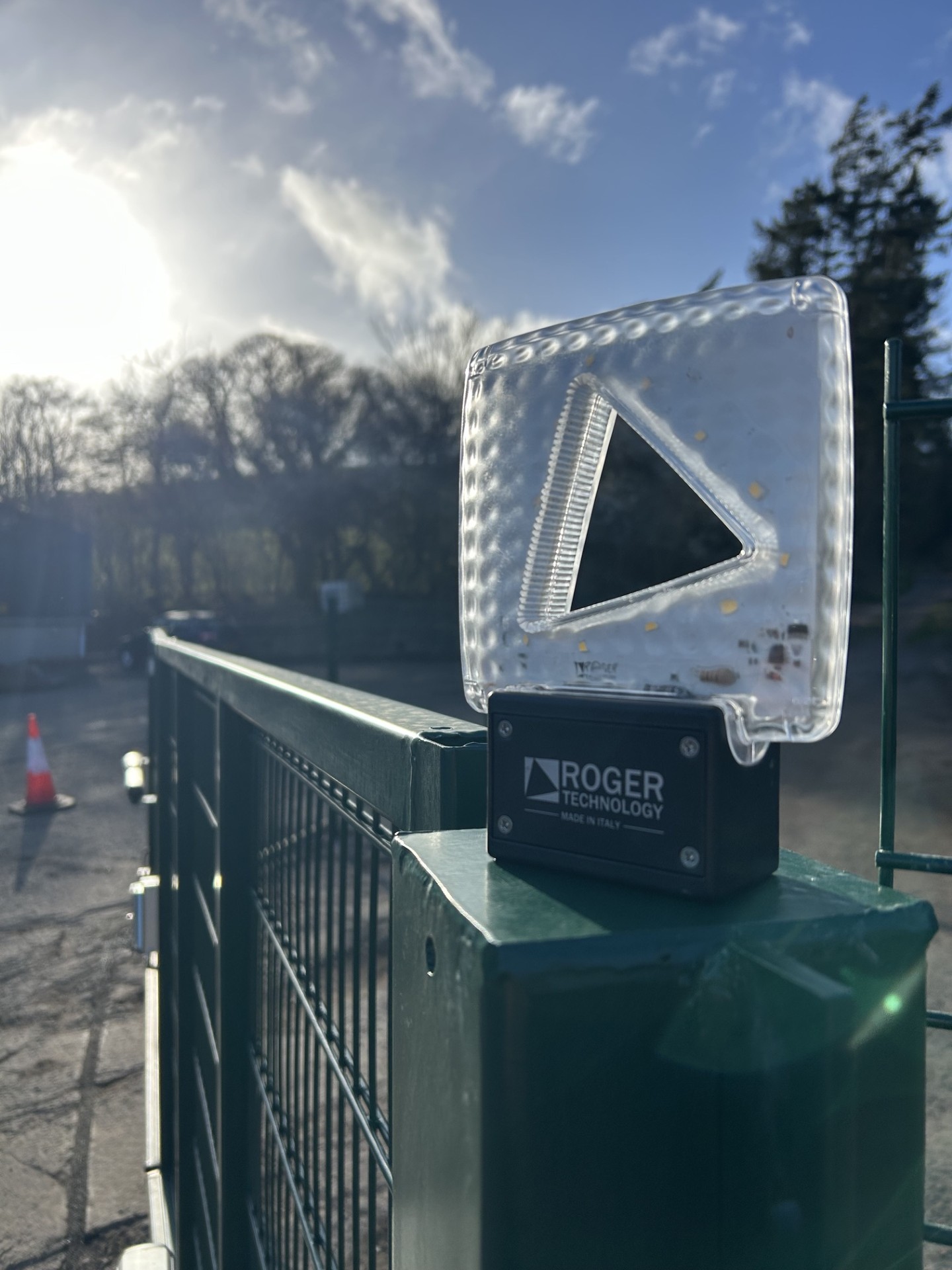 Roger Technology flashing warning light on an automated gate post by KLR Design Limited