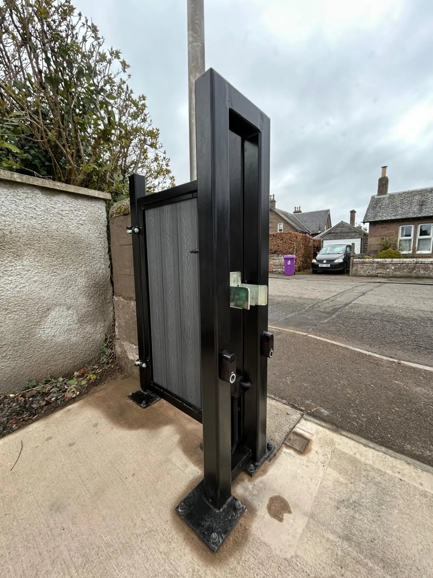 Goal-post safety supports on an automated cantilever sliding gate in Edzell — installed by KLR Design Limited, a Gate Safe accredited team in Scotland
