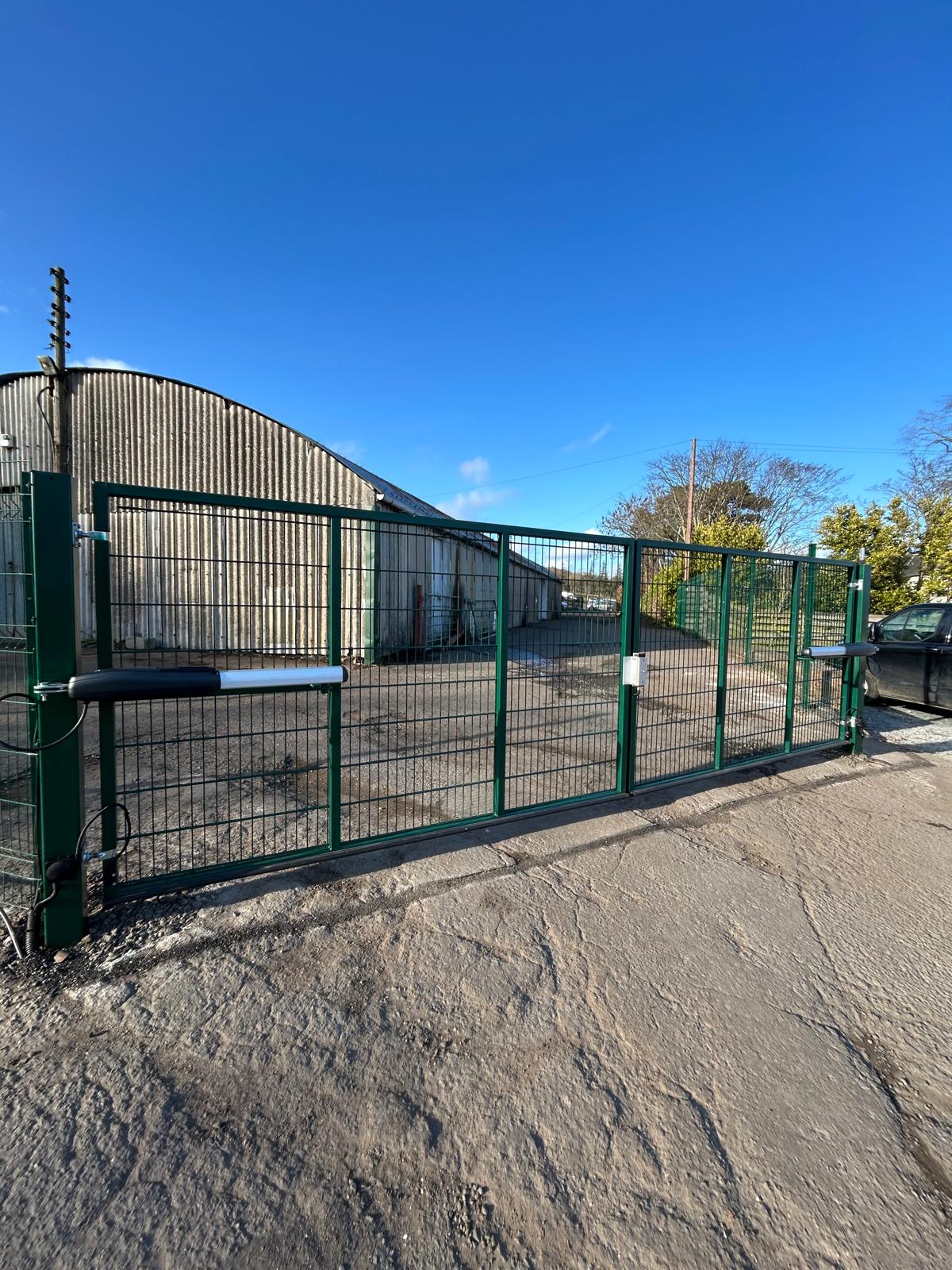 Commercial yard swing gates installed in Edinburgh by KLR Design with Roger Smarty automation and GatEvo access control