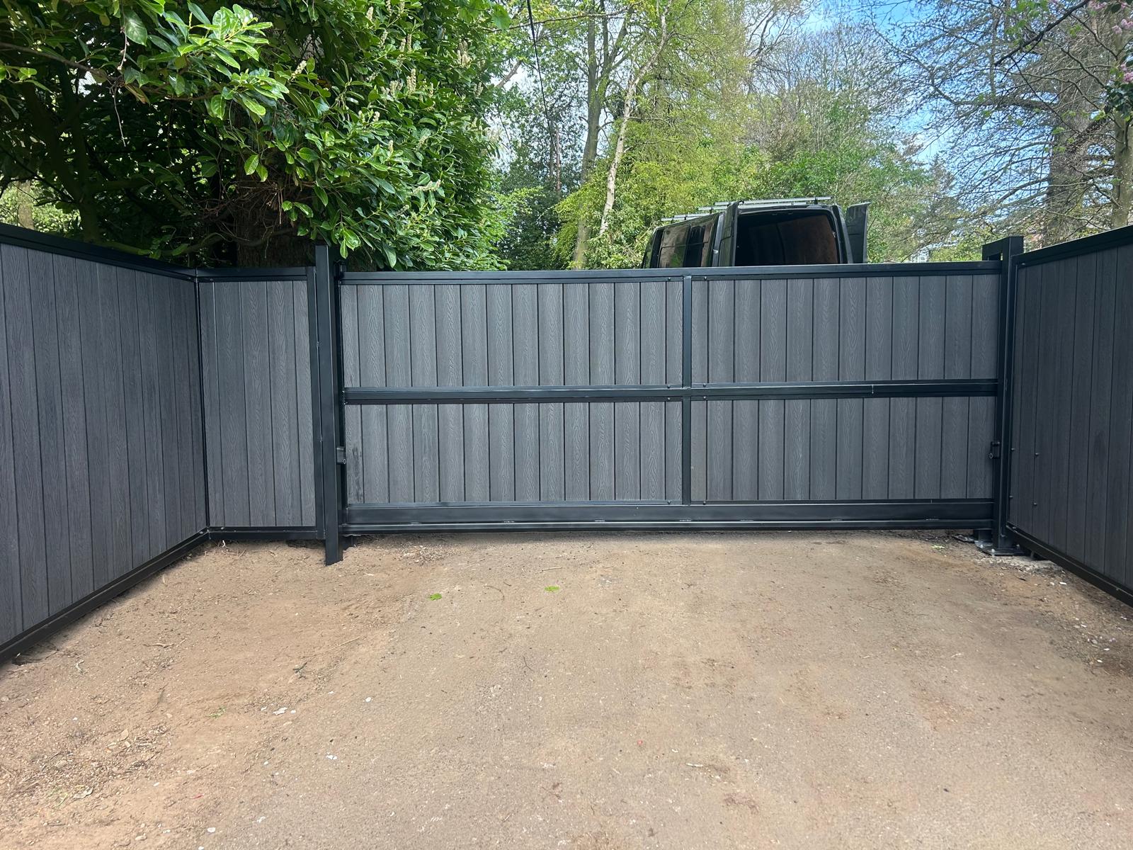 Anthracite composite double swing gate installed by KLR Design Limited at an Edinburgh property — premium gate servicing and maintenance