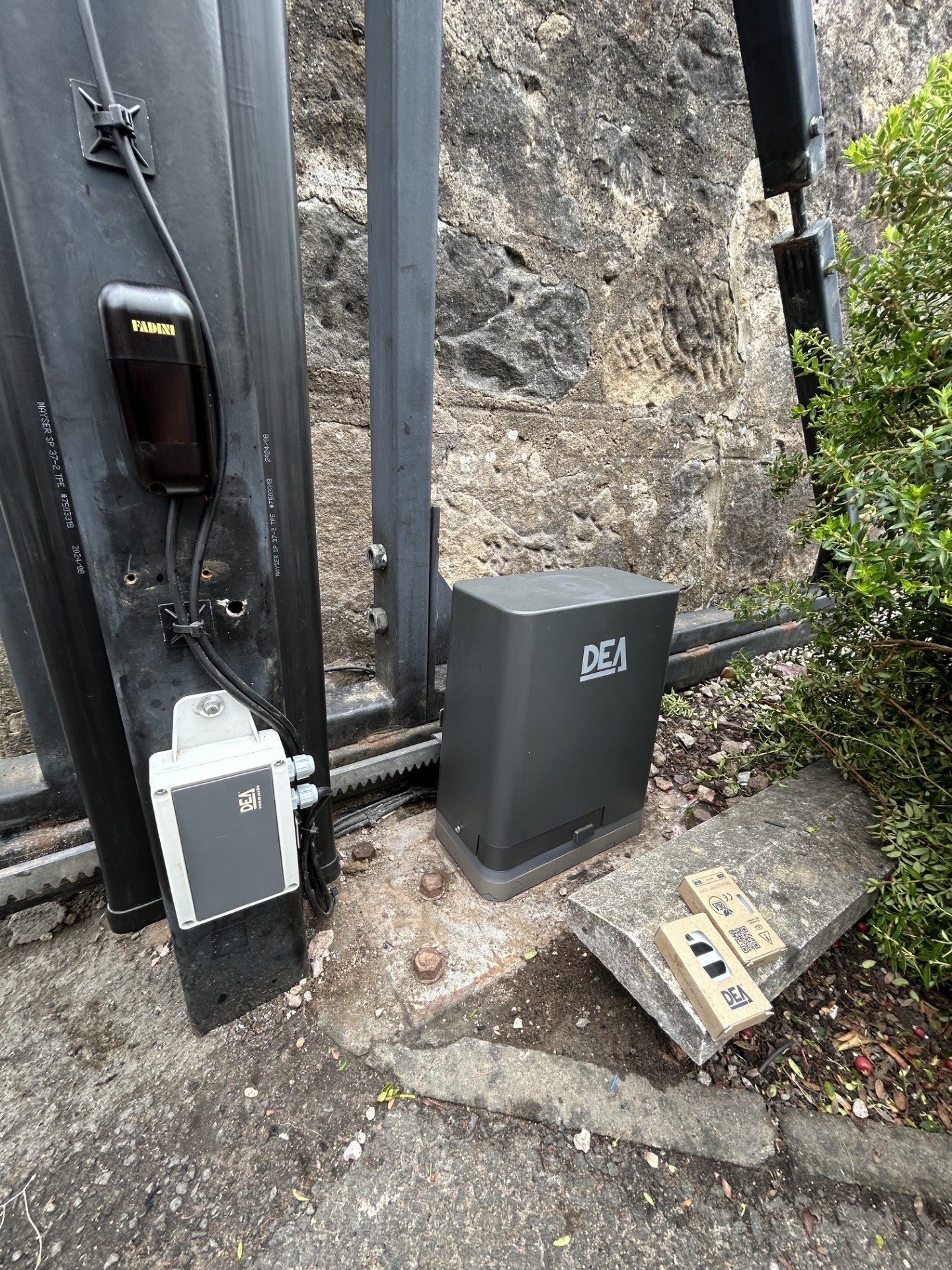 DEA sliding gate motor with safety edge and control box installed by KLR Design Limited