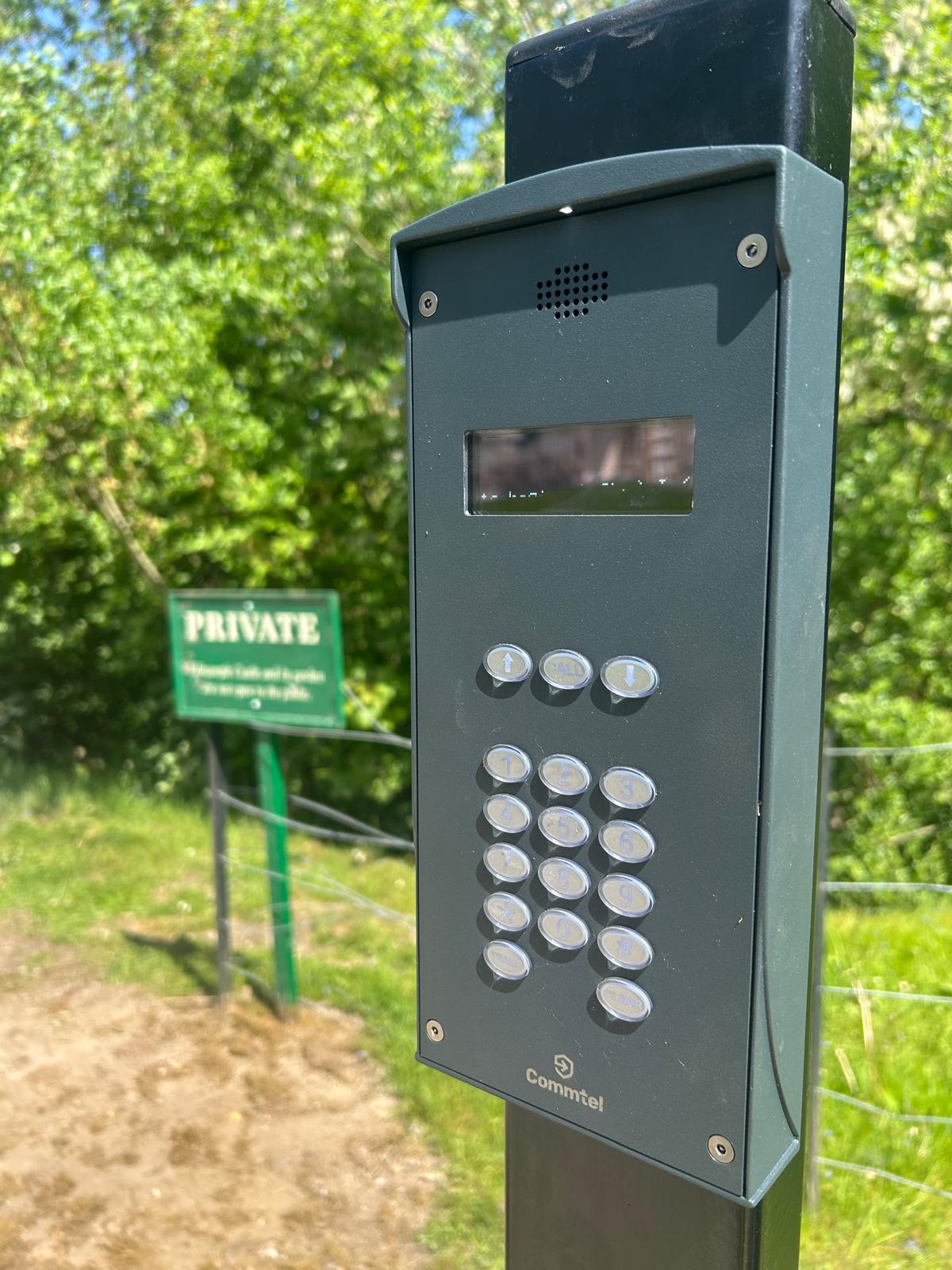 Commtel GSM intercom with keypad on gate entry pillar — installed by KLR Design Limited