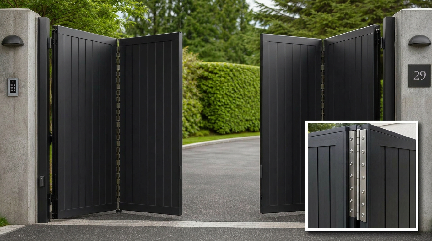 Black composite bi-folding gates folded open with piano hinge detail inset — KLR Design Limited