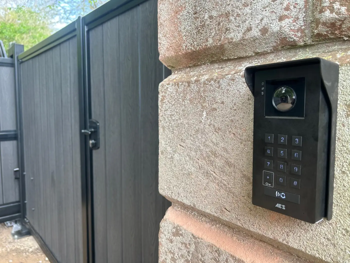 AES Global video intercom and keypad access control fitted at Coupar Angus cantilever sliding gate