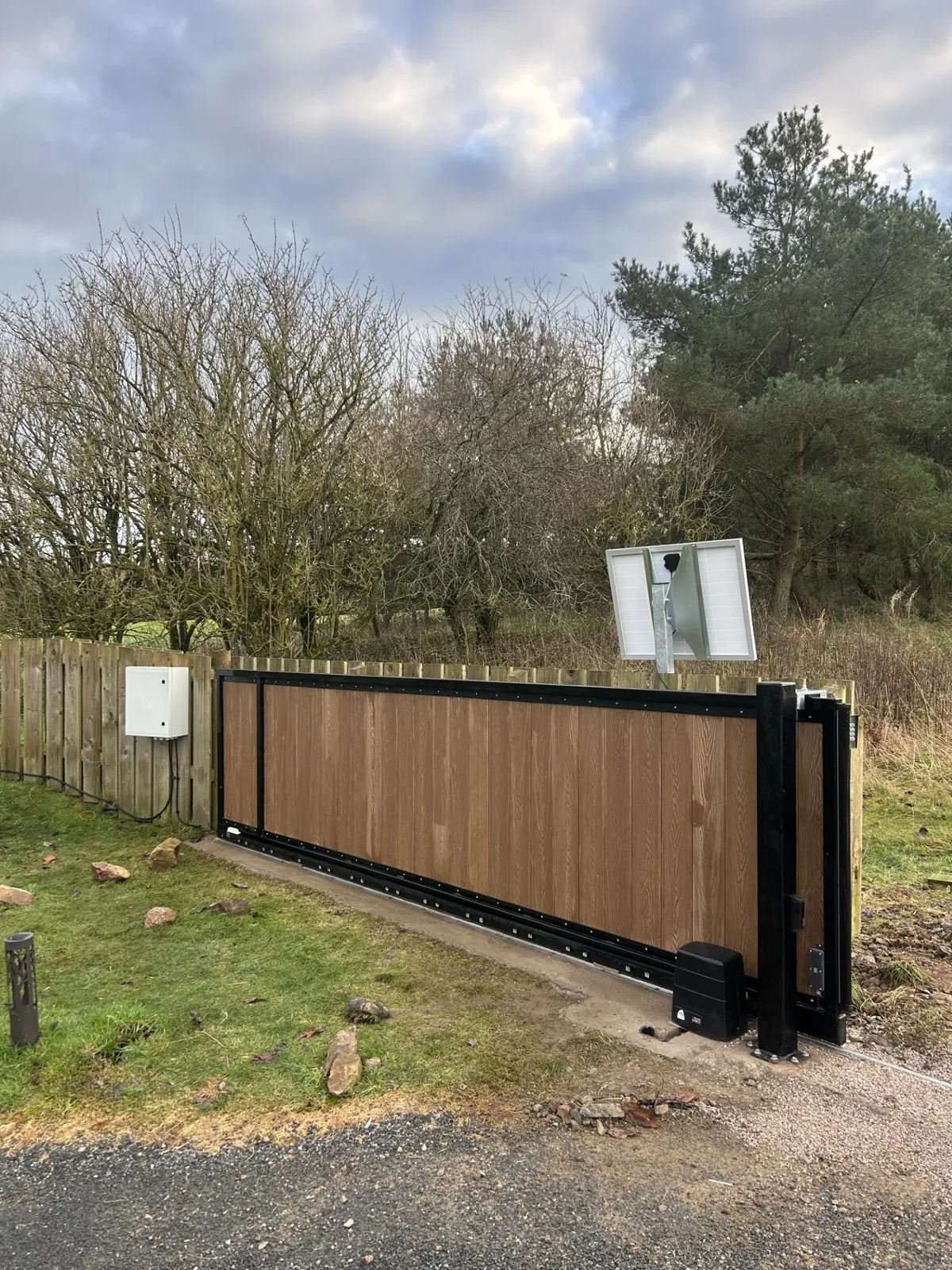 Roger Technology automated sliding gate with solar power installed by KLR Design Limited