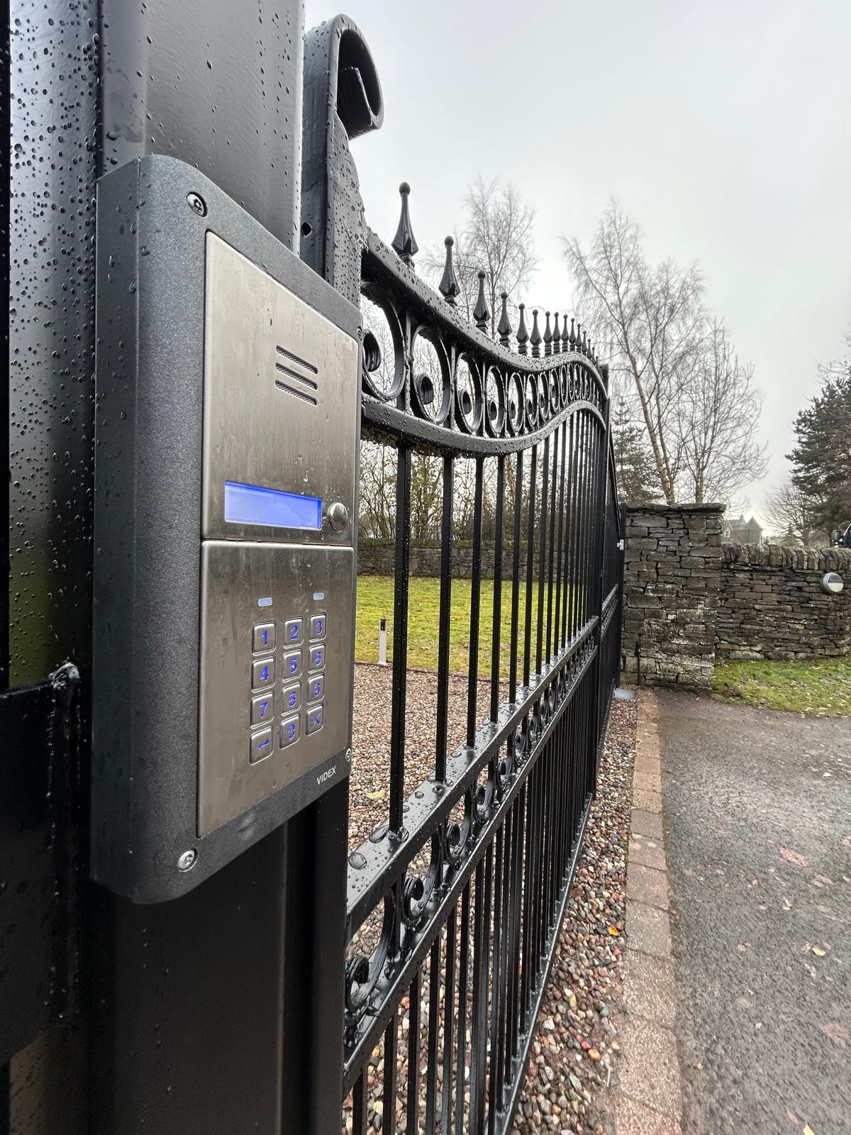 Bespoke wrought-iron-style electric gates with Videx intercom and keypad by KLR Design, Perthshire