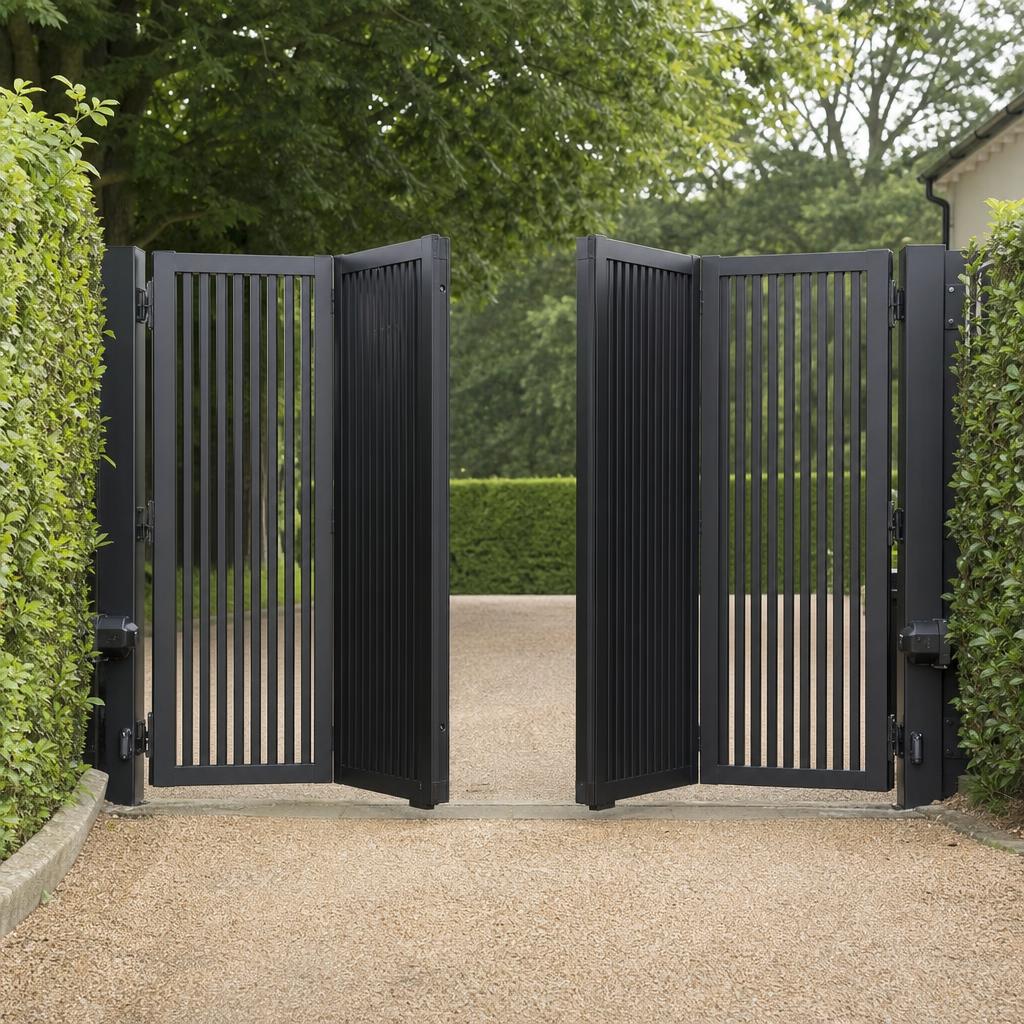 Electric bi-folding composite-style driveway gate by KLR Design Limited