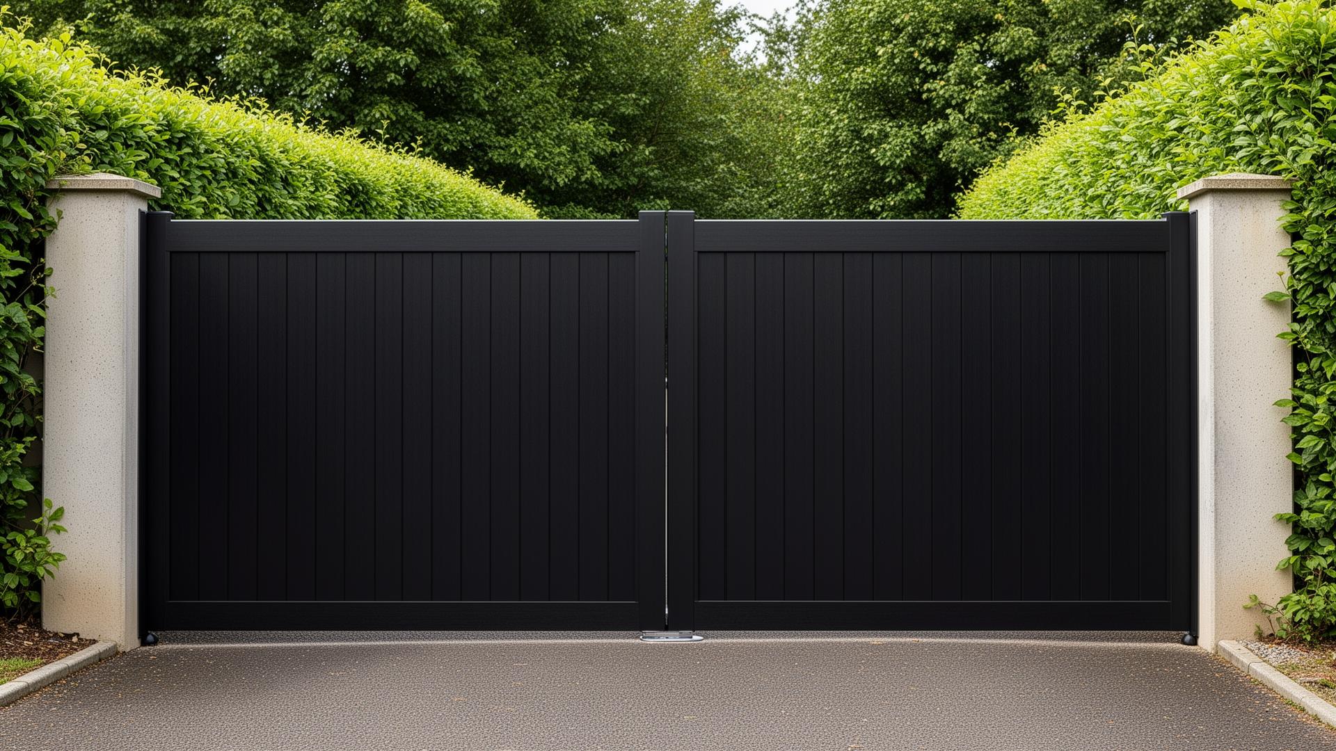 Modern black composite double driveway gate — closed position — by KLR Design Limited
