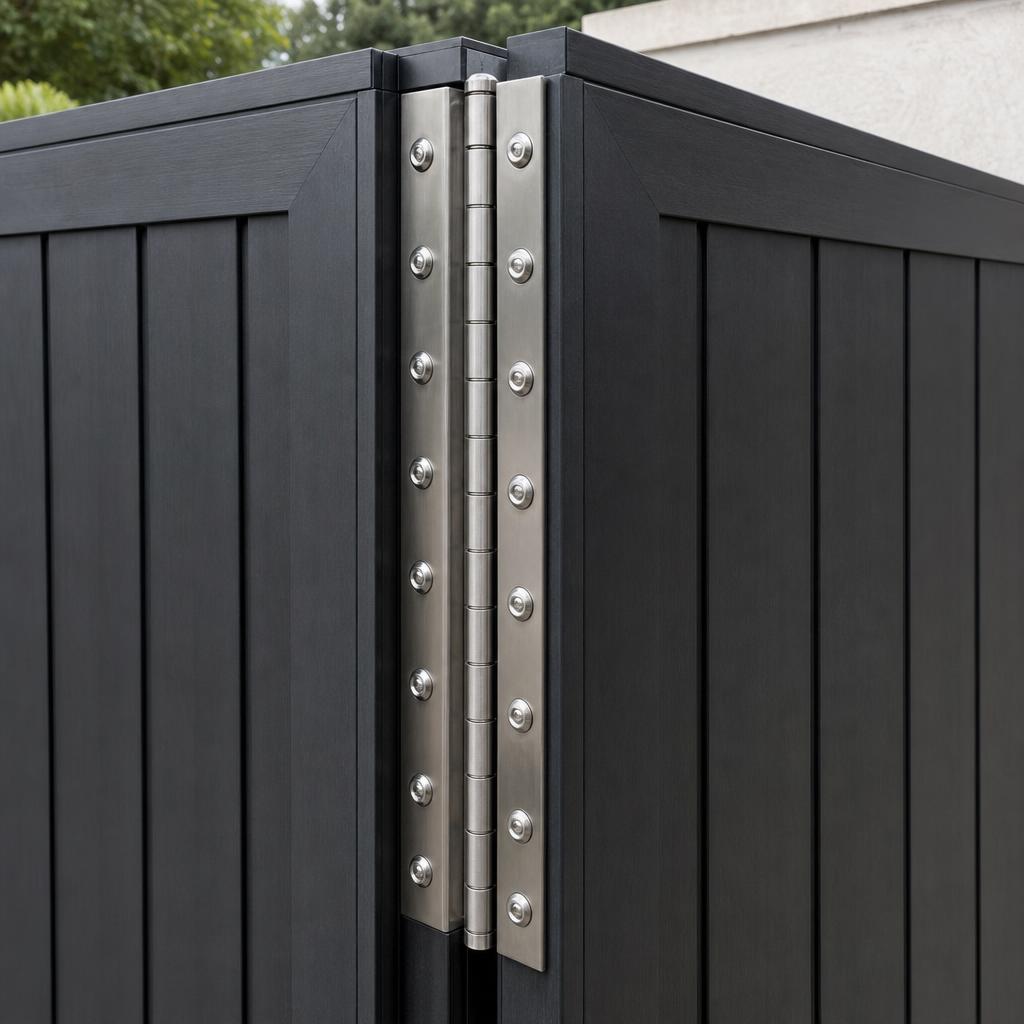 Heavy-duty stainless steel hinge detail on composite driveway gate — KLR Design Limited