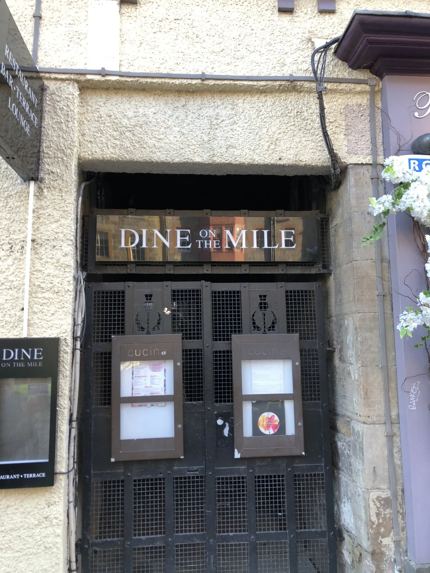 Dine On The Mile hotel restaurant entrance with bespoke commercial metalwork
