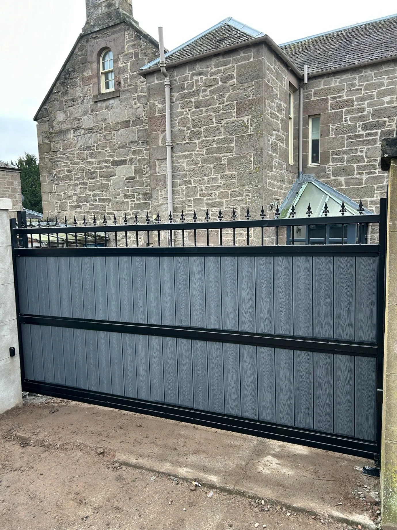Cantilever sliding electric gate suited to wide driveways and rural entrances in Ayrshire — installed by KLR Design Limited
